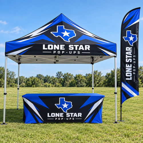 Design mockup of a 10x10 custom canopy tent, 6-foot fitted table cover, and 9-foot feather flag with matching business branding.